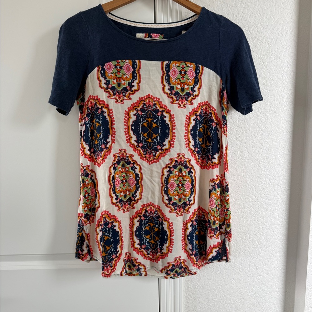 Meadow Rue Navy and Cream Patterned Top